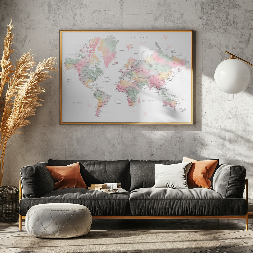 Pastel watercolor world map with cities, Anjah Poster