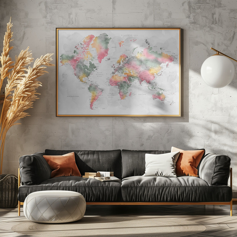 Watercolor world map with cities, Zadie Poster