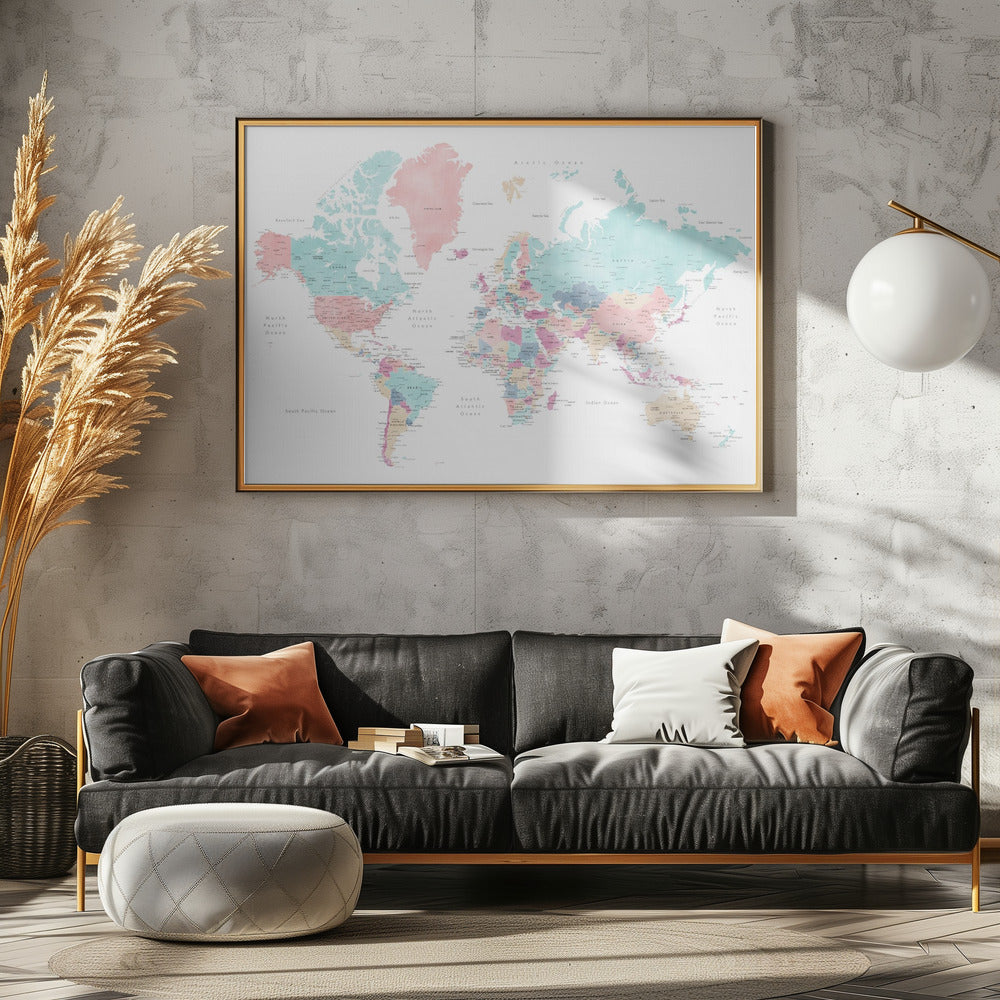 Distressed pastels world map with cities, Carmen Poster