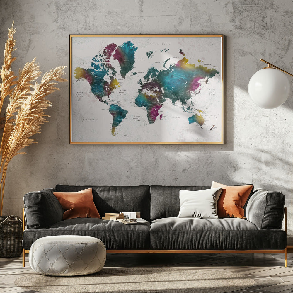 Watercolor world map with cities, Charleena Poster