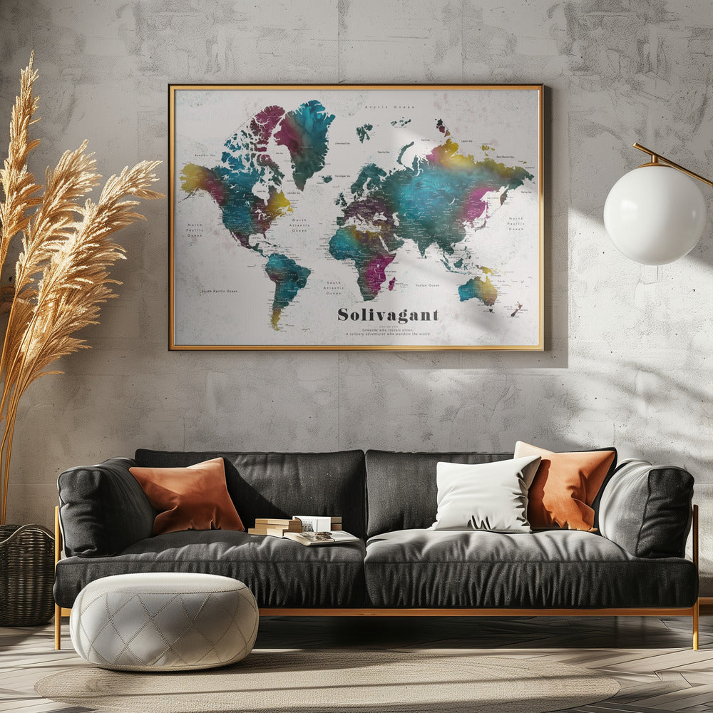 Charleena world map with cities, Solivagant Poster