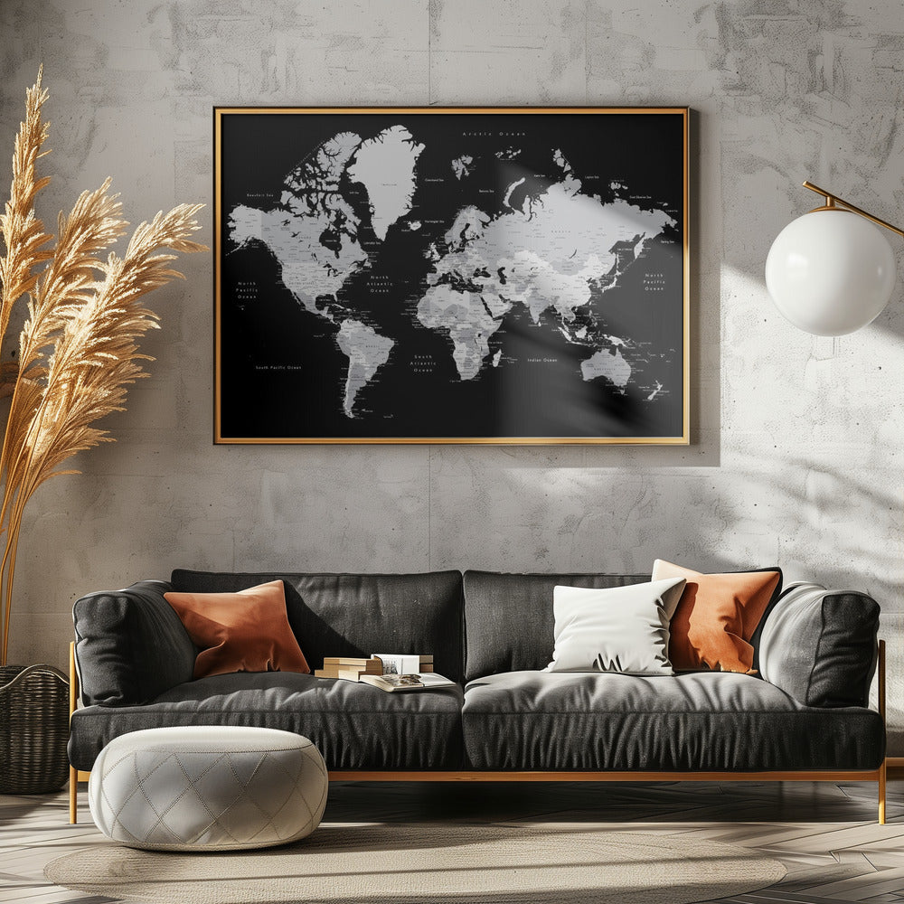 Gray world map with cities, Joseph Poster