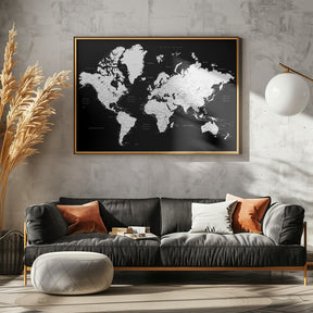 Black and white world map with cities, Connie Poster