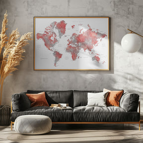 Red world map with cities, Lyssah Poster