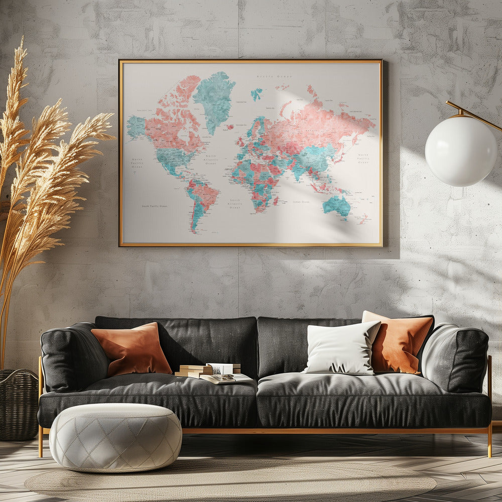 Watercolor world map with cities, Charlotte Poster