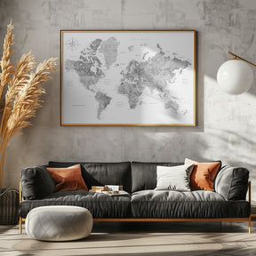 Grayscale watercolor world map with cities, Rylan Poster