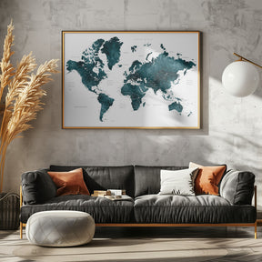 Dark teal world map with cities, Makani Poster