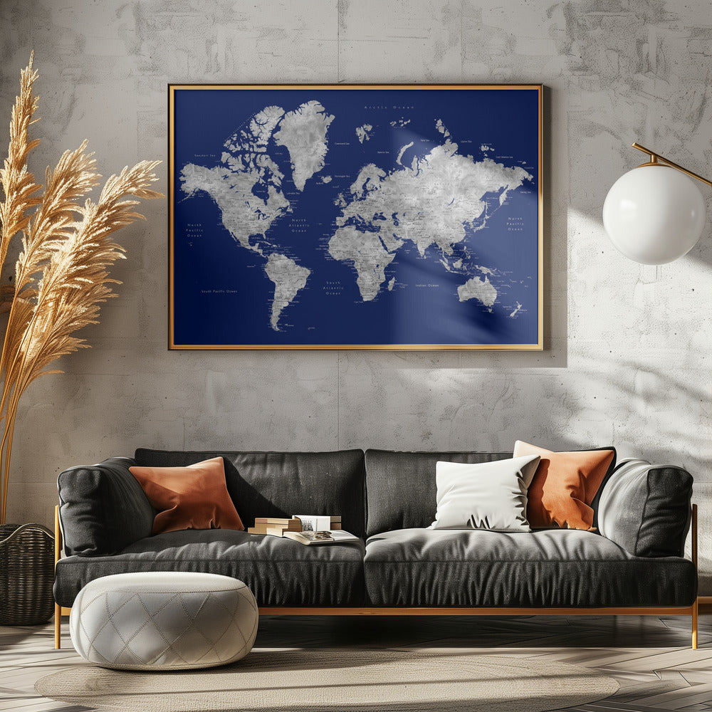 Watercolor world map with cities, Kawena Poster