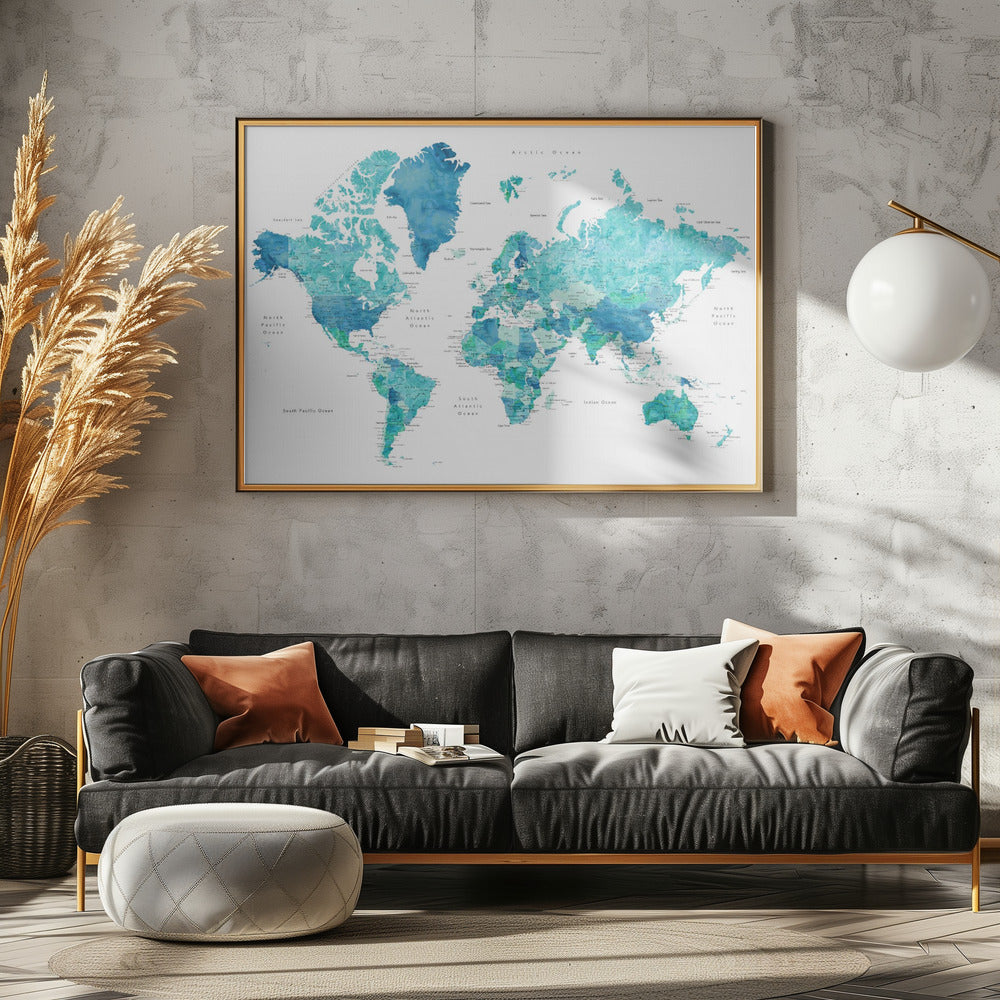 Watercolor world map with cities, Uzziel Poster