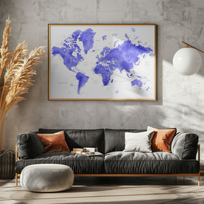 Watercolor world map with cities, Uyen Poster