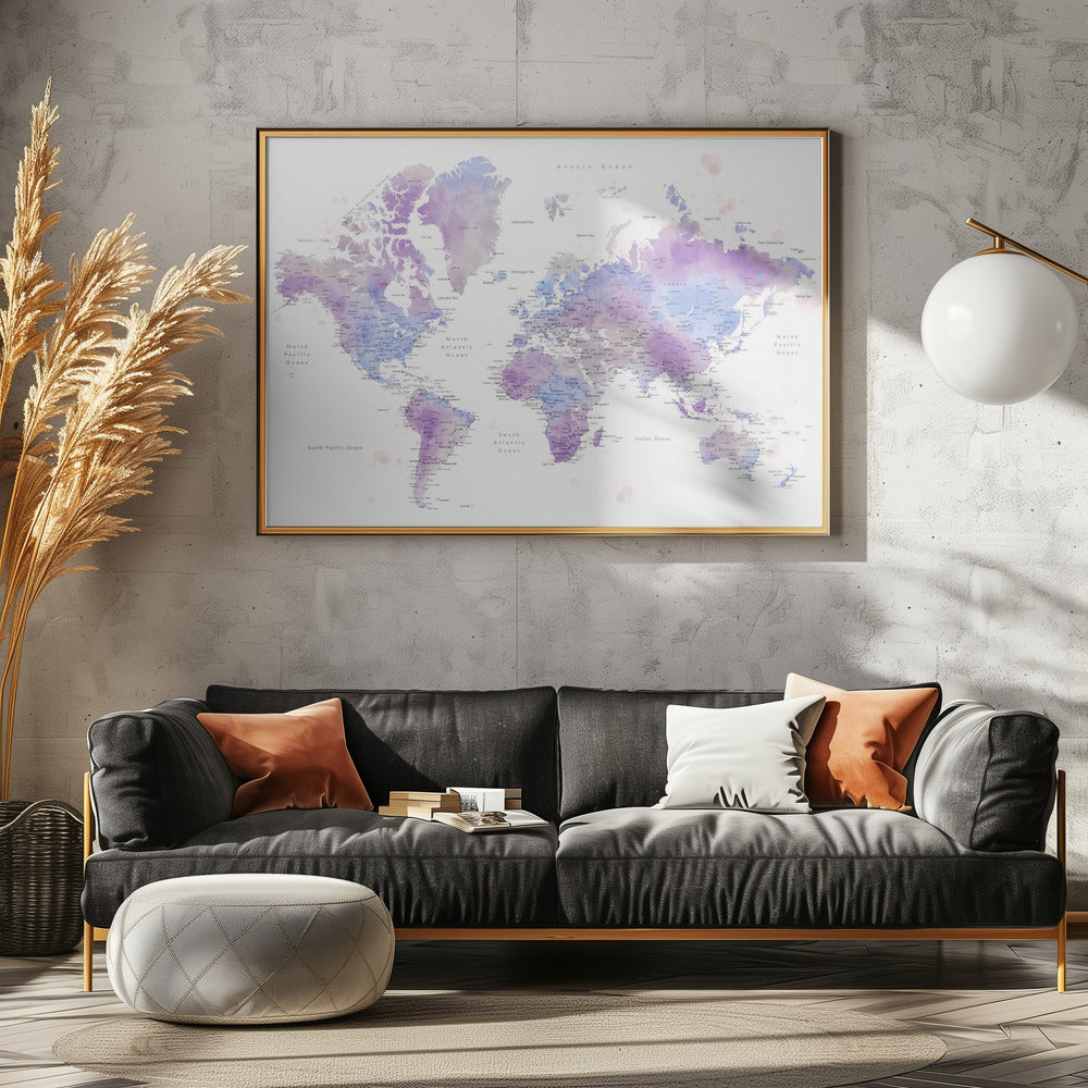 Watercolor world map with cities, Gina Poster