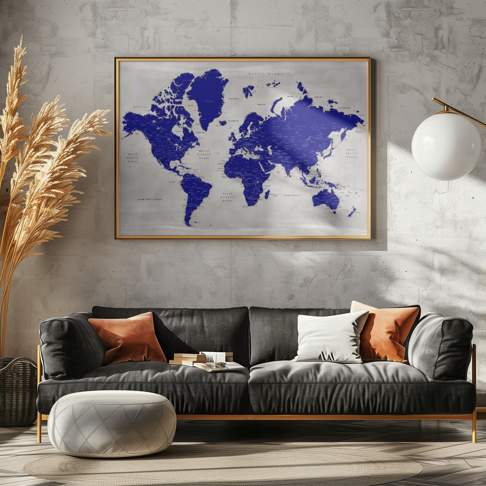 Distressed world map with cities, Delaney Poster