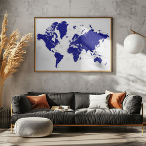 Navy blue world map with cities, Nevin Poster