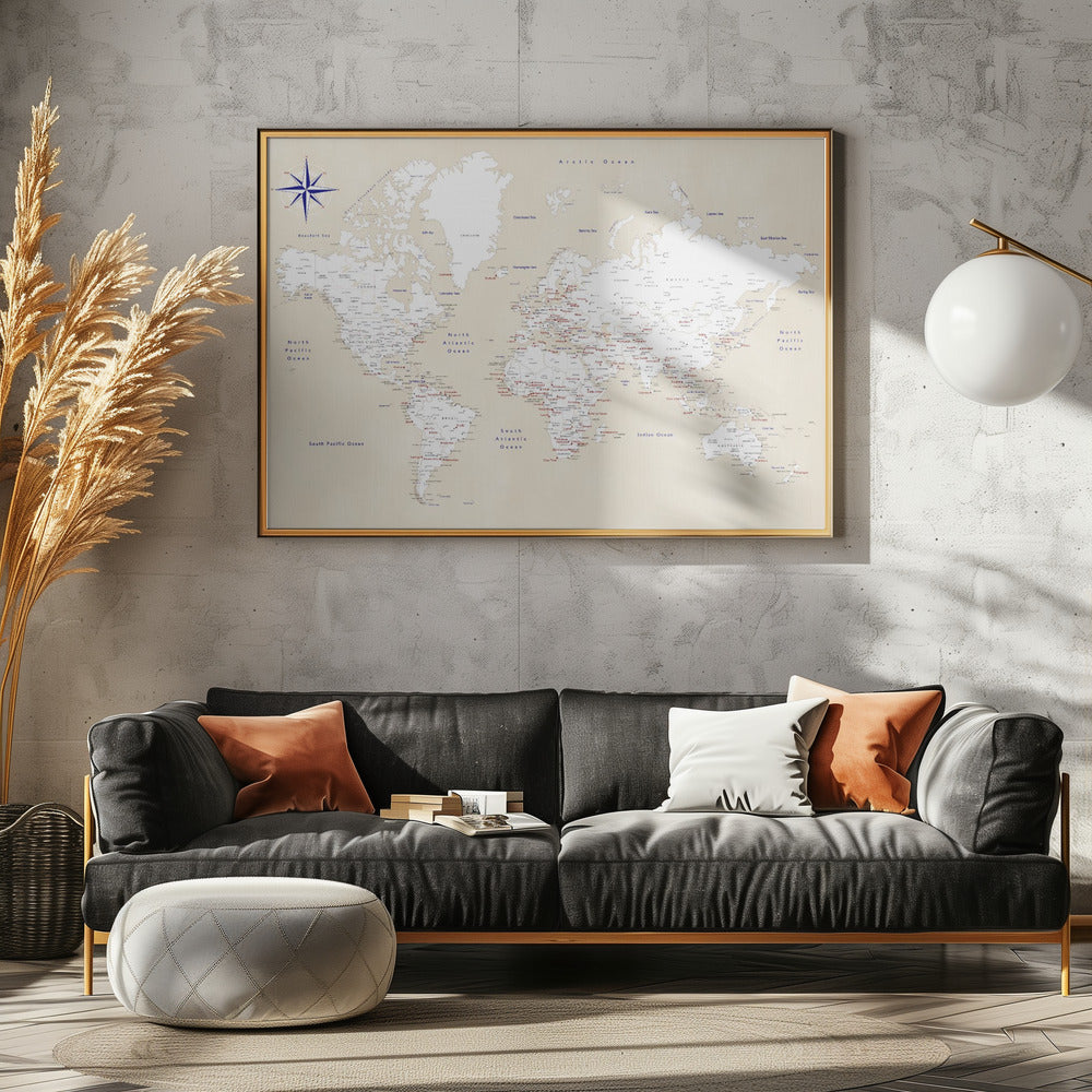 Rustic world map with cities, Deuce Poster