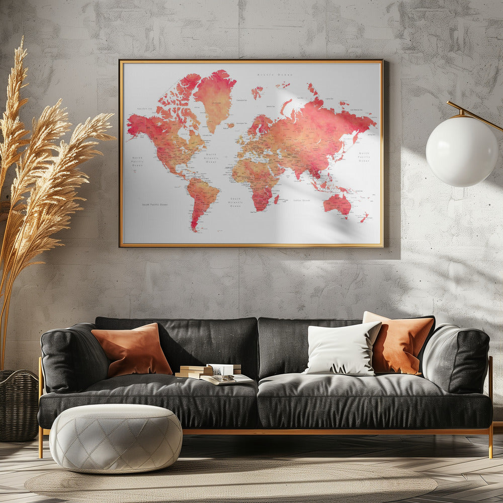 Watercolor world map with cities, Keats Poster