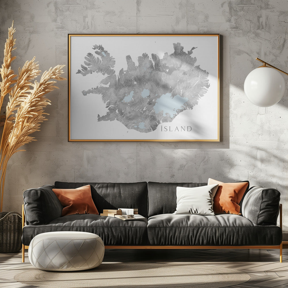 Ísland - Iceland blank map in gray watercolor Poster