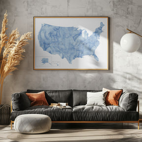 Blue watercolor map of the USA with states and state capitals Poster