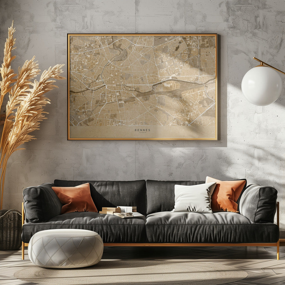 Sepia vintage map of Rennes France Poster