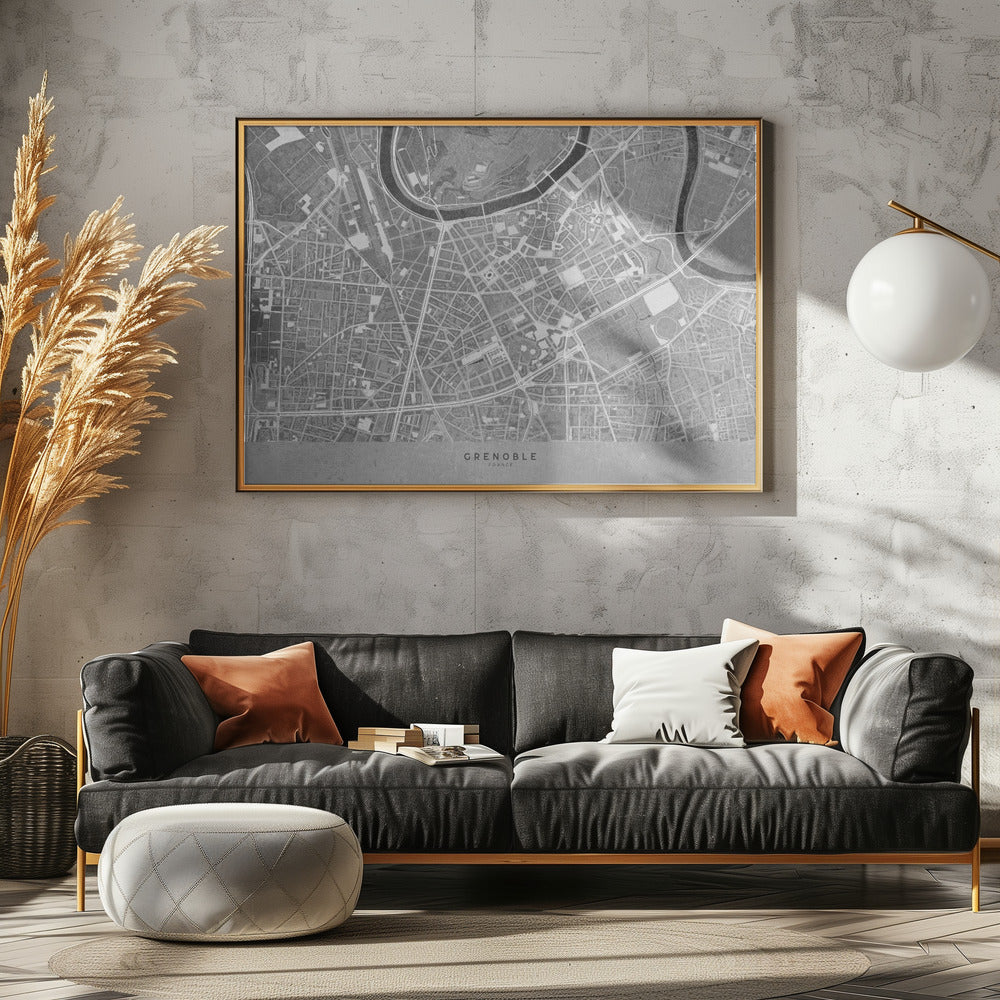 Gray vintage map of Grenoble downtown France Poster