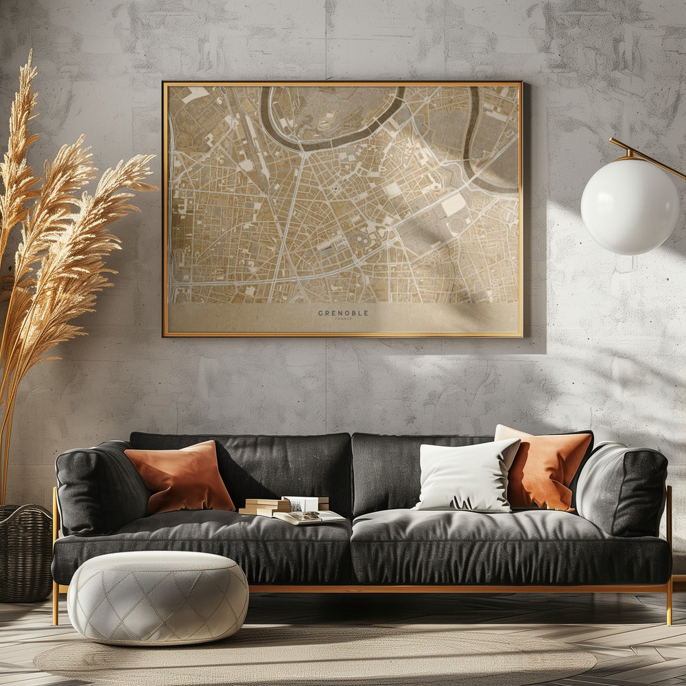 Sepia vintage map of Grenoble downtown France Poster