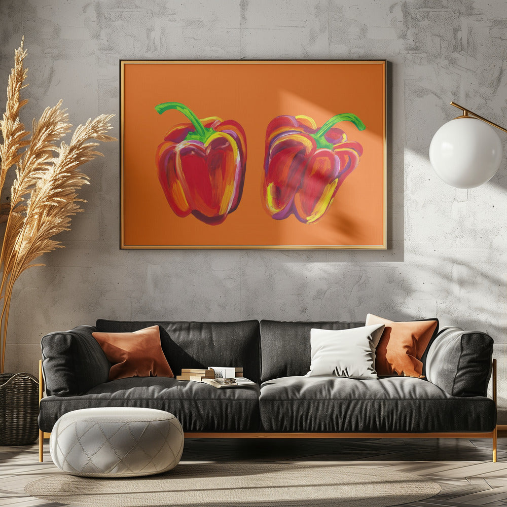 Peppers On Orange Poster