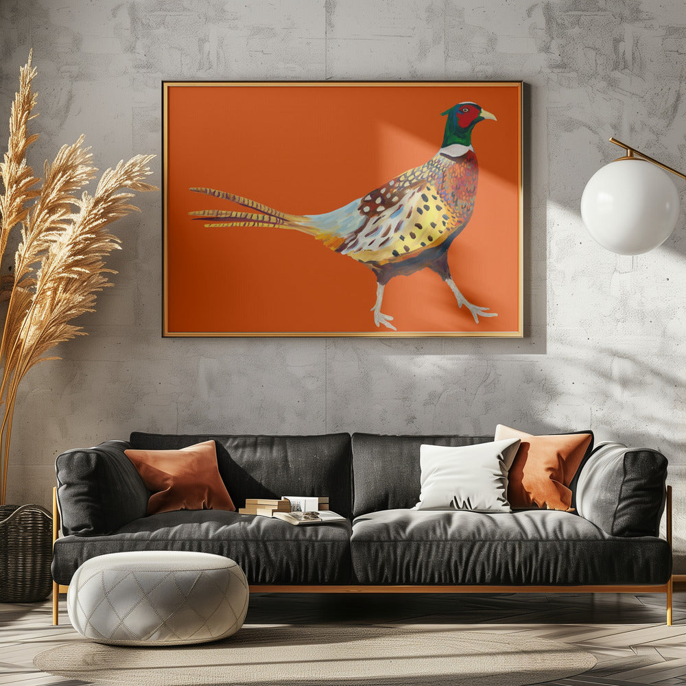 Strutting Pheasant On Orange Poster