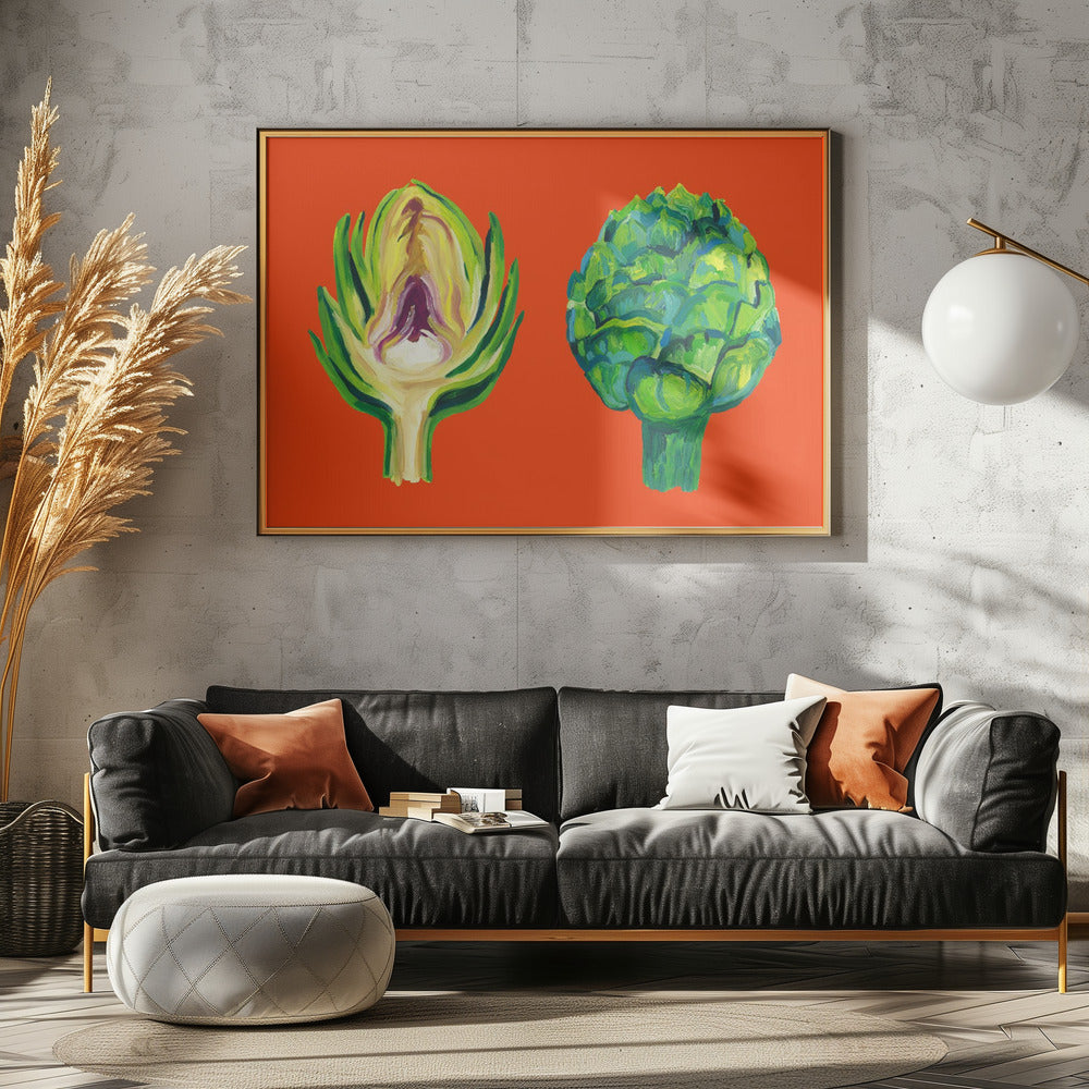 Artichokes On Orange Poster