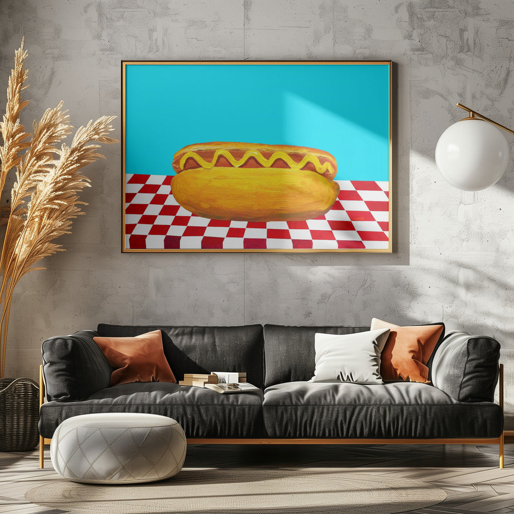 Hot Dog With Mustard Red Check Blue Poster