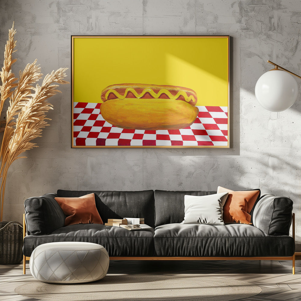 Hot Dog With Mustard Red Check Yellow Poster