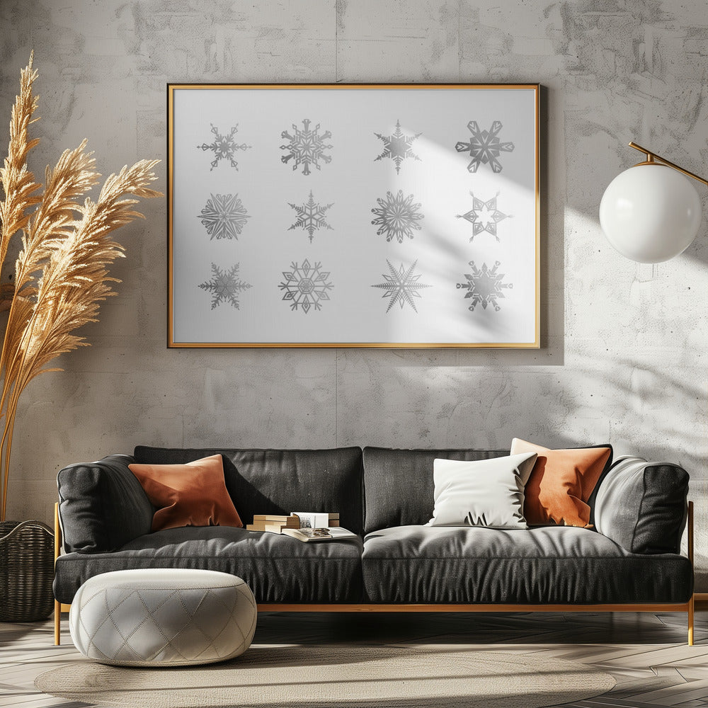 Twelve geometric snowflakes in gray Poster