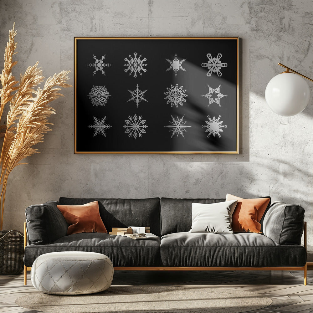 Twelve geometric snowflakes in black Poster