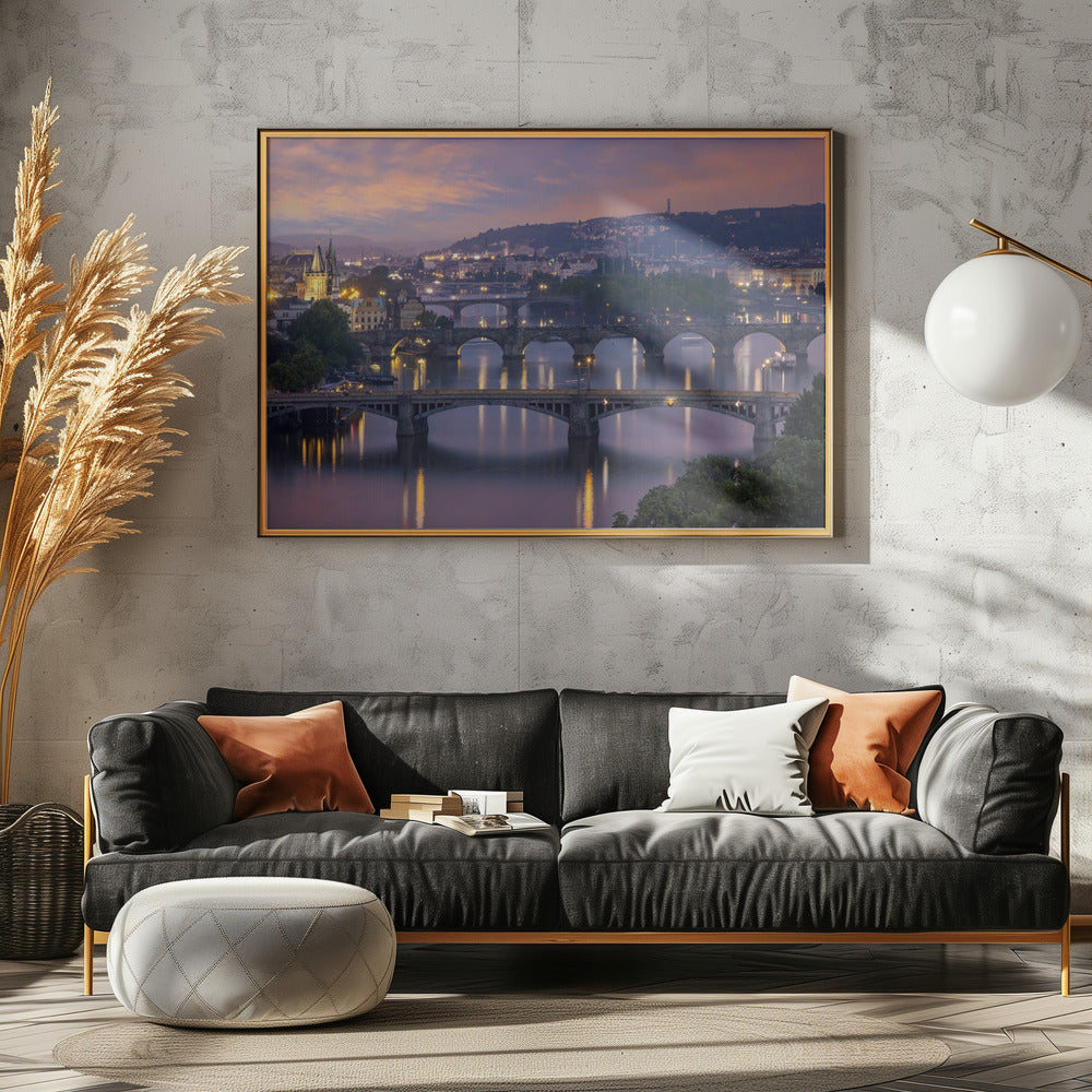 Evening view over the Vltava bridges in Prague Poster