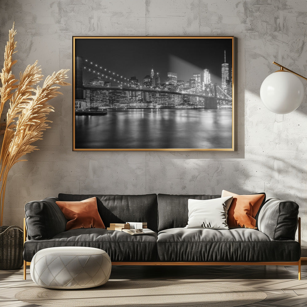 MANHATTAN SKYLINE &amp; BROOKLYN BRIDGE Idyllic Nightscape - Monochrome Panoramic Poster