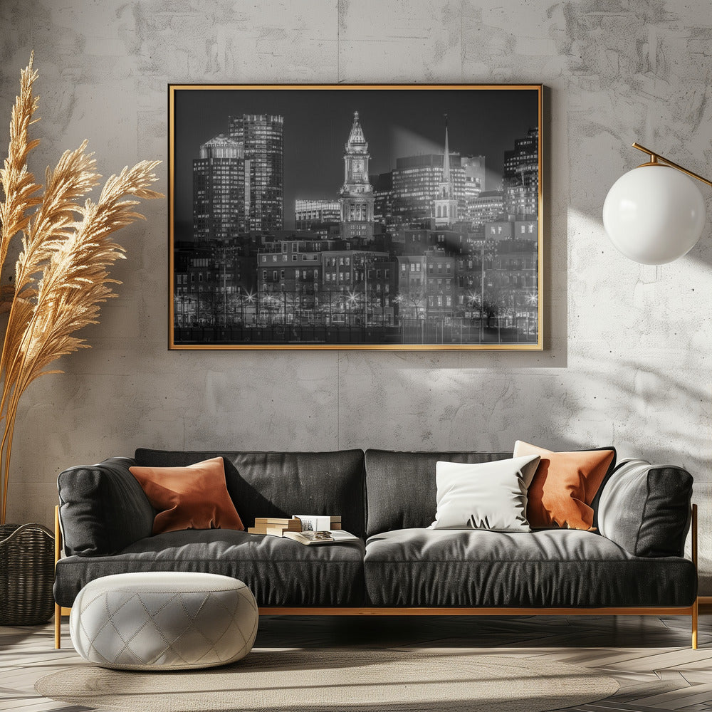 BOSTON Monochrome evening skyline of North End &amp; Financial District Poster