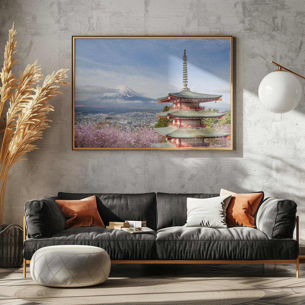 Magnificent view of Mount Fuji with Chureito Pagoda during cherry blossom season Poster