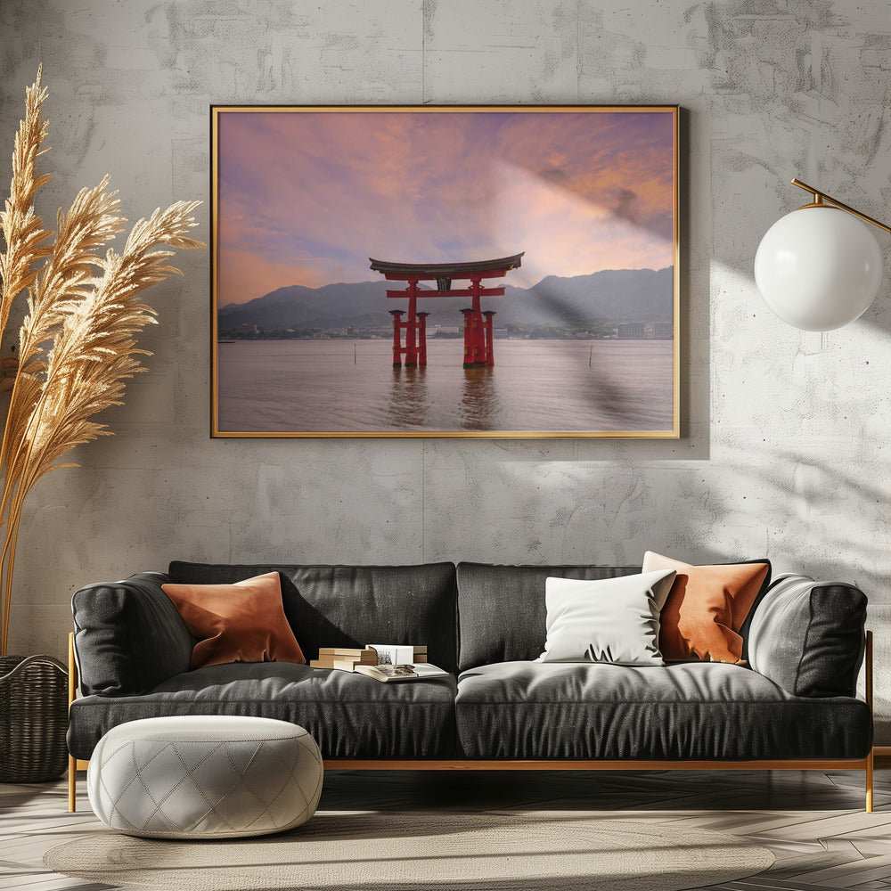 Vermilion Torii of Itsukushima Shrine on Miyajima at sunset Poster