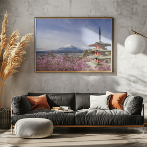 Magnificent panoramic view of Mount Fuji with Chureito Pagoda during cherry blossom season Poster