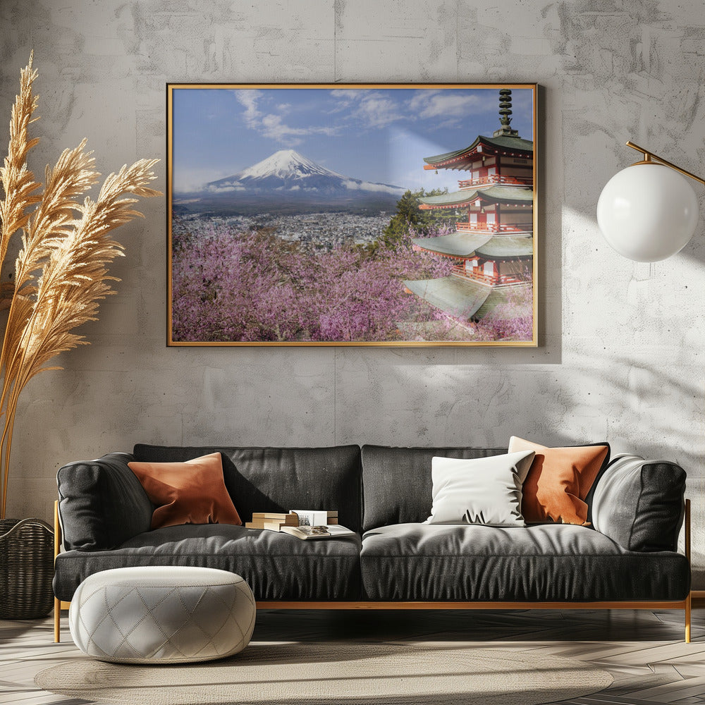 Gorgeous panoramic view of Mount Fuji with Chureito Pagoda during cherry blossom season Poster