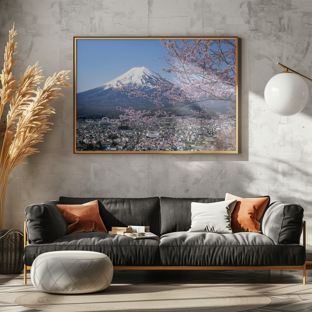 Picturesque view of Mount Fuji during cherry blossom season Poster