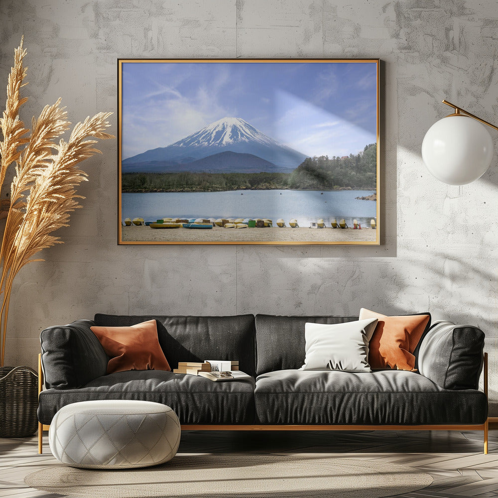 Idyllic Lake Shoji with majestic Mount Fuji Poster