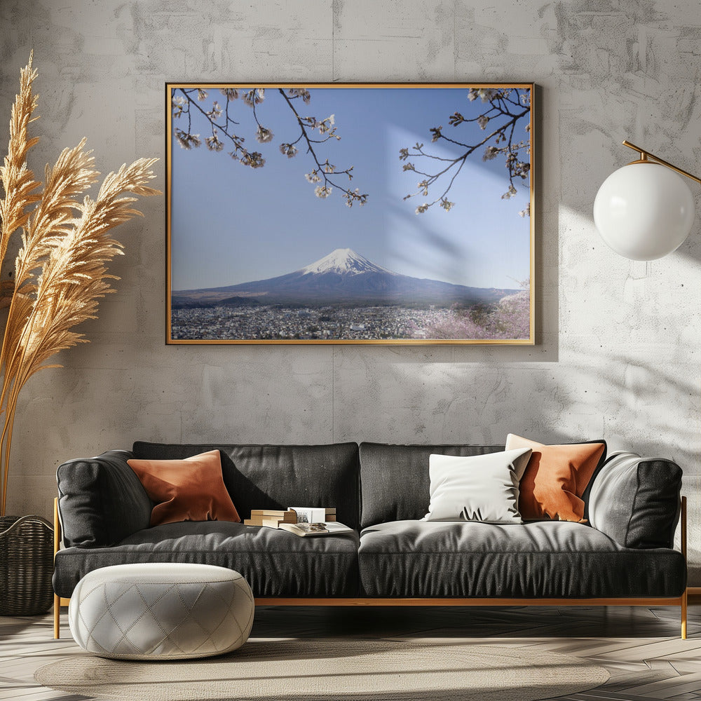 Fantastic panoramic view of Mount Fuji with cherry blossoms Poster