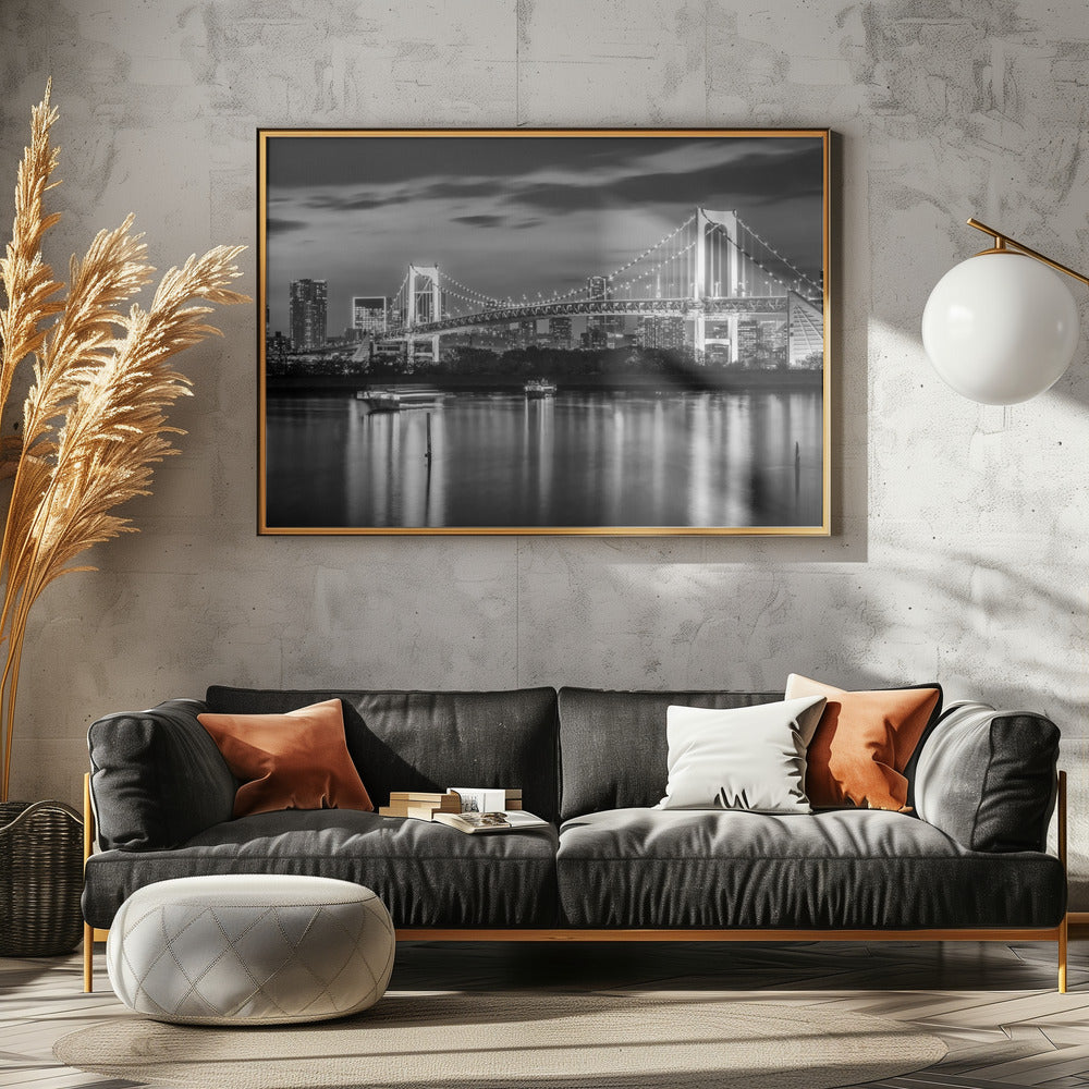 Gorgeous Rainbow Bridge and Tokyo Skyline at sunset - monochrome panorama Poster