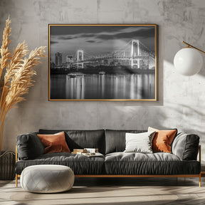 Charming Rainbow Bridge and Tokyo Skyline at sunset - monochrome panorama Poster