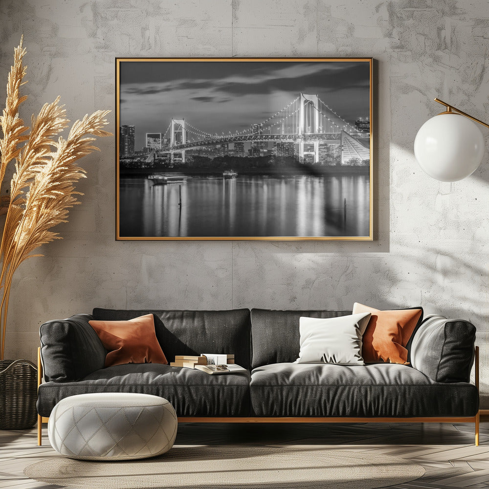 Gorgeous Rainbow Bridge and Tokyo Skyline at sunset - monochrome Poster