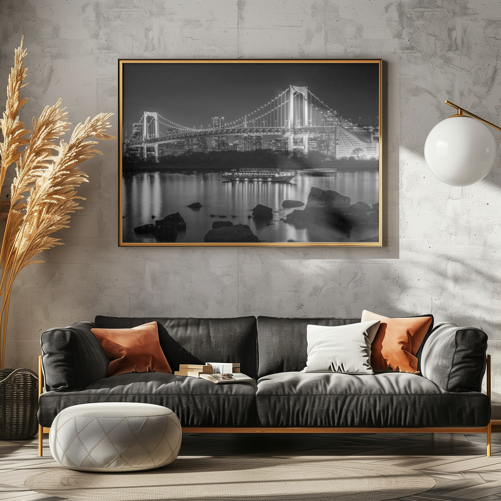 Charming Rainbow Bridge with Tokyo Skyline in the evening - monochrome panorama Poster