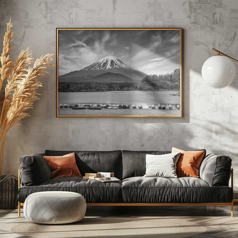 Idyllic Lake Shoji with majestic Mount Fuji - monochrome Poster