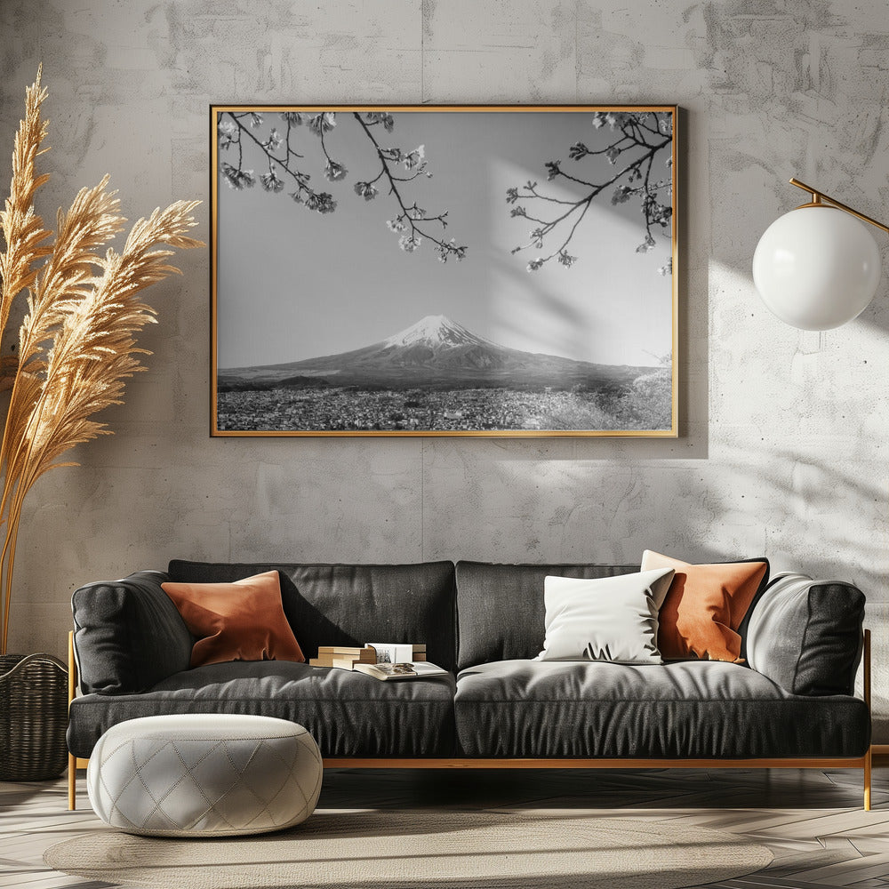 Fantastic panoramic view of Mount Fuji with cherry blossoms - monochrome Poster