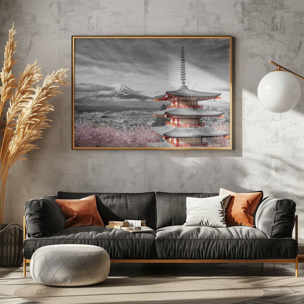 Magnificent view of Mount Fuji with Chureito Pagoda during cherry blossom season - colorkey Poster