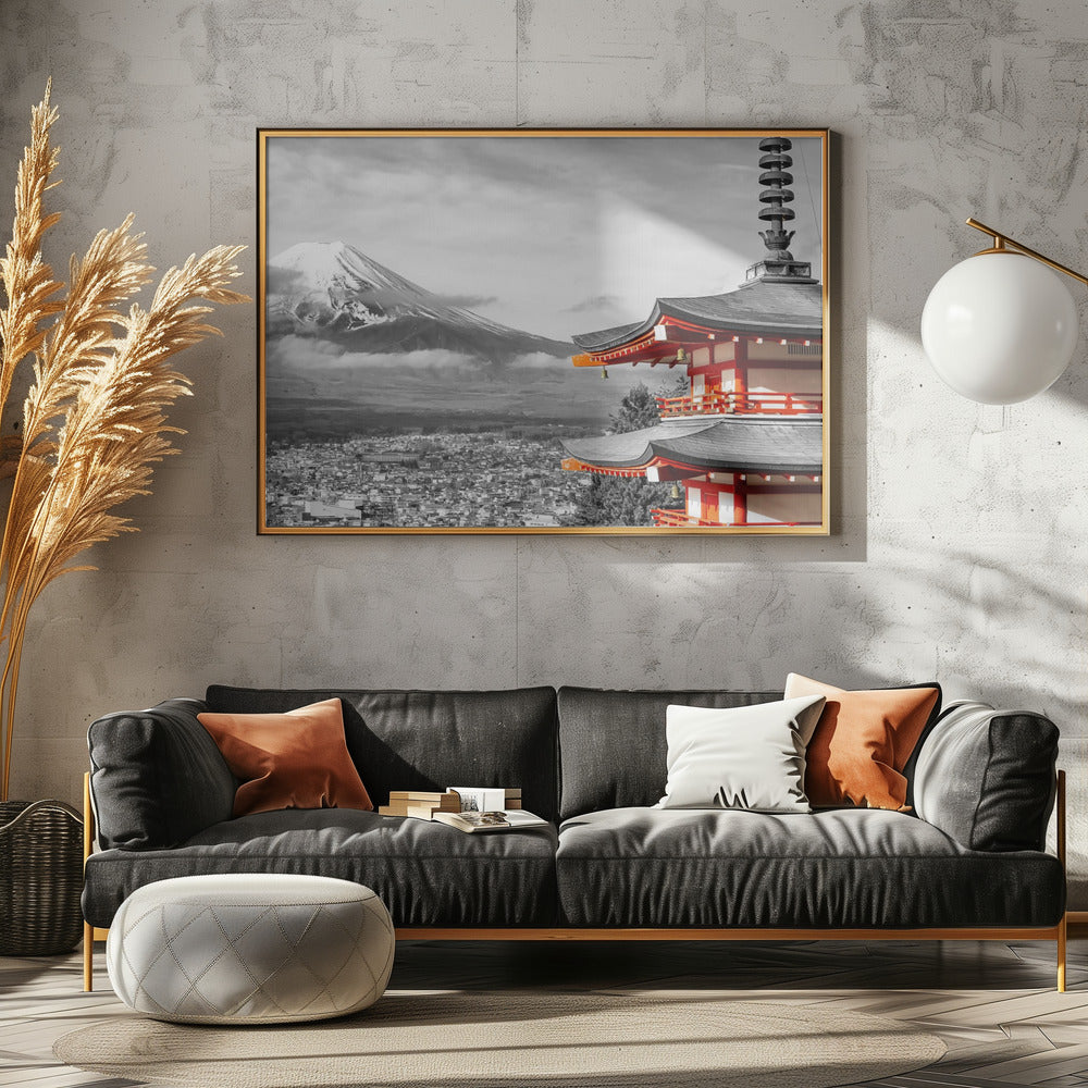 Unique panoramic view of Mount Fuji with Chureito Pagoda - colorkey Poster