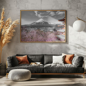 Idyllic panoramic view of Mount Fuji with Pagoda and Cherry Trees - colorkey Poster